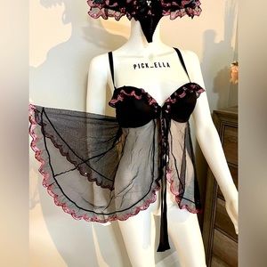 34D/S Vs Sexy Little Things Ruffled Push up Black with pink sequins Chemise slip